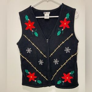 KB & Company Christmas Black Knit Vest with Red Poinsettias